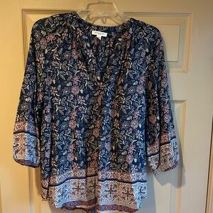 Beachlunchlounge Floral Navy Blouse with Quarter Length Sleeves,‎ Size Small